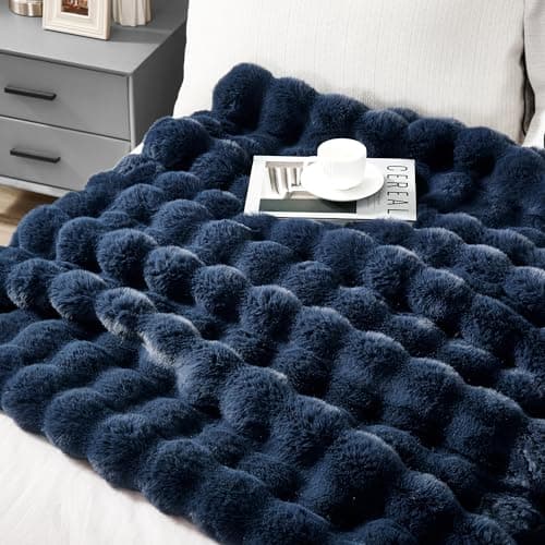 JONIYEAR Soft Fuzzy Bubble Faux Rabbit Fur Throw Blanket for Couch 50" x 60", Reversible Textured Fluffy Warm Thick Blanket for Winter,Luxury Cozy Puffy Shaggy Comfy Furry Blankets for Sofa, Navy Blue thumbnail 3