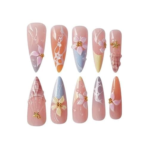 Gleamrain Long Press on Nails Almond with Flower and French Tips Designs Summer Fake Nail for Women 24pcs thumbnail 2