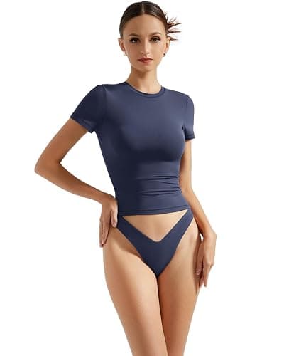 SUUKSESS Women Double Lined Fitted Basic Tee Crew Neck Short Sleeve Y2K Crop Top thumbnail 2