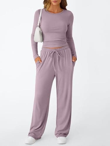 Trendy Queen Women's 2 Piece Matching Lounge Set Long Sleeve Slightly Crop Top Wide Leg Pants Casual Sweatsuit thumbnail 2