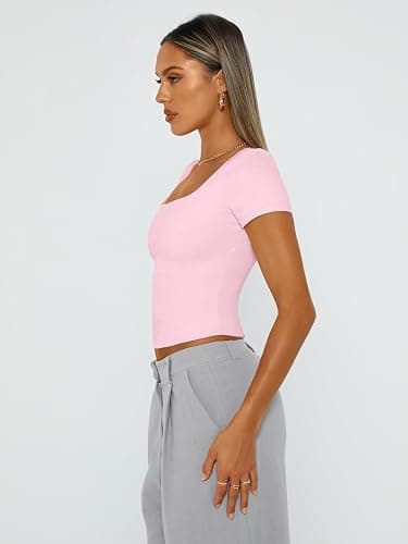 Trendy Queen Double Lined Short Sleeve Tshirts for Women Square Neck Cute Crop Top Spring Summer Basic Tees Workout Going Out thumbnail 4