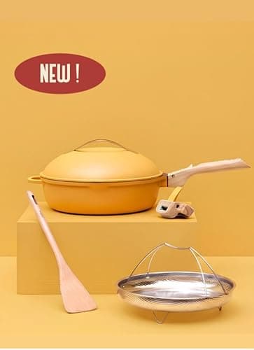 COOKUT - La Fabuleuse poêle 8 en 1 – Un seul ustensile qui remplace poêle, casserole, sauteuse - Avec 2 poignées amovibles, panier vapeur/friture, spatule en bois - Mangue thumbnail 2