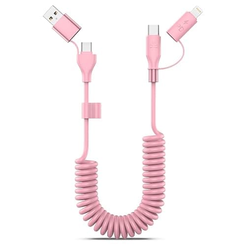 Pink Coiled Car Charging Cable 2-in-1 (USB-C & Lightning), 3FT Cute Car Accessories for iPhone 17/16/15, Samsung Galaxy — Supports Apple CarPlay & Android Auto - Image 1