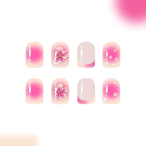 Square Press on Nails Short French Tip Fake Nails with Design 3D Flower Acrylic Nails Gradient Pink Glue on Nails Summer Nails Cute False Nails Coffin Artificial Stick on Nails for Women DIY 24Pcs thumbnail 6