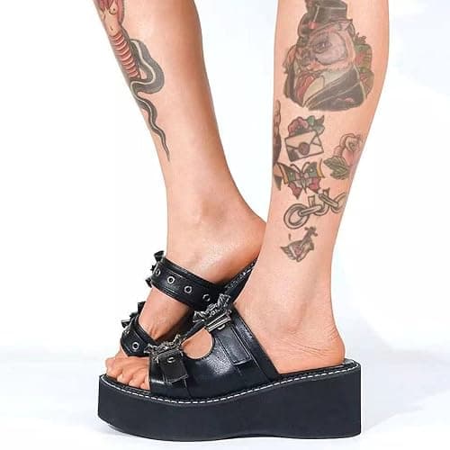 Gothniero women black platform sandals goth chunky wedge heel summer sandals girls gothic punk platform sandals for women metallic spider buckles slides size 5.5-11 thumbnail 5