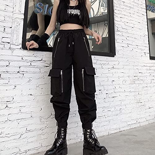 MEINVQIAOTI Black Cargo Pants Women Loose Chained Multi-Pocket Multi-Zip Punk Goth Pants thumbnail 3