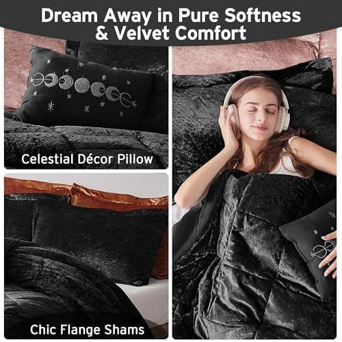 Intelligent Design Queen Duvet Cover Set, Velvet Queen Duvet Set, Luxury Diamond Quilting Black Duvet Cover, Fluffy Duvet Cover with Decorative Pillow and 2 Shams, 4 Pieces, Black, Full/Queen thumbnail 4