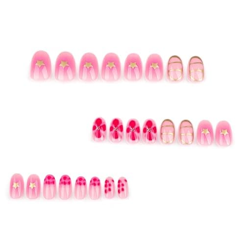 Almond Press on Nails Short Fake Nails Gold Lines Pink False Nails with Flower Designs Glossy Acrylic Nails for Women Girls 24 Pcs thumbnail 2