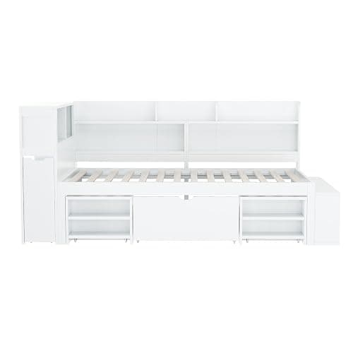 Merax Stylish Single Bed, 3FT Bed Frame with Drawers, Bookcase and Storage Cupboard, Multifunctional Wooden Single Bed Frame with Storage, Children's Bed, Slatted Frame, White, 90x190cm thumbnail 8