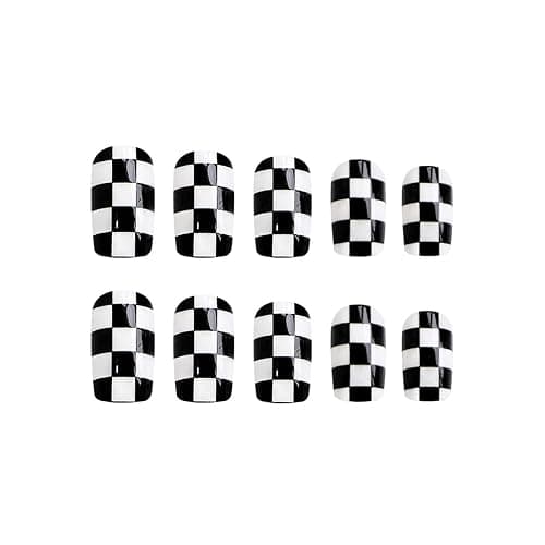 IMRAIN Press on Nails Short Square Fake Nails Black White Checkered Pattern Designs Glossy Full Cover Artificial False Nails Gel Stick on Acrylic Nails for Women 24PCS thumbnail 2