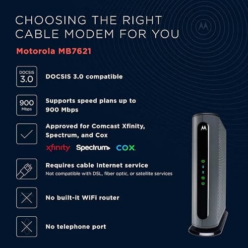 Motorola MB7621 Cable Modem | Pairs with Any WiFi Router | Approved by Comcast Xfinity, Cox, and Spectrum | for Cable Plans Up to 900 Mbps | DOCSIS 3.0 thumbnail 8