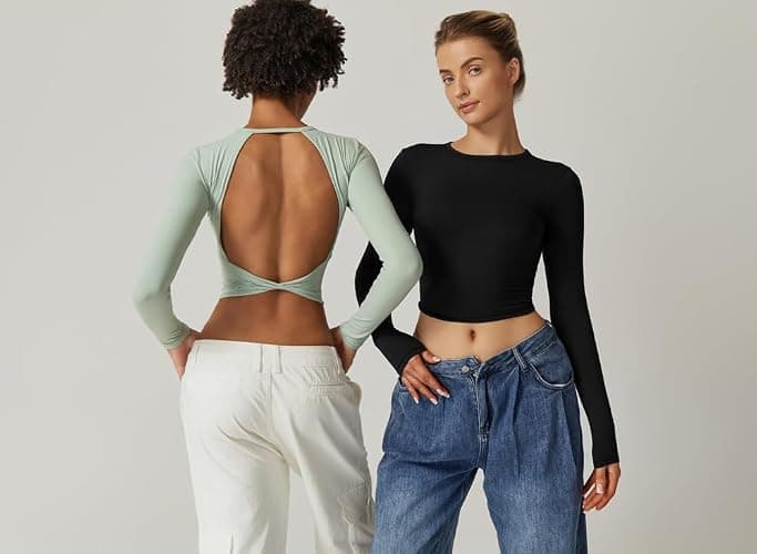 QINSEN Women's Crew Neck Open Back Long Sleeve Basic Crop Tops Stretch Backless Going Out Tee Shirt thumbnail 5