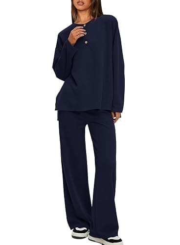 Darong Two Piece Outfits for Women Fall Lounge Sets Button Down Sweatshirt Wide Leg Pants Sweatsuits Set with Pockets thumbnail 5