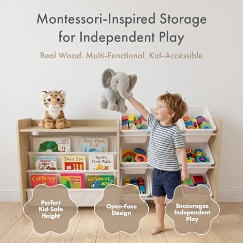 Humble Crew Toy Storage Organizer with Book Shelf and Top Shelf, 9 Removable Storage Bins for Kids Playroom, Toy Organization, Solid Wood, Natural/White thumbnail 3