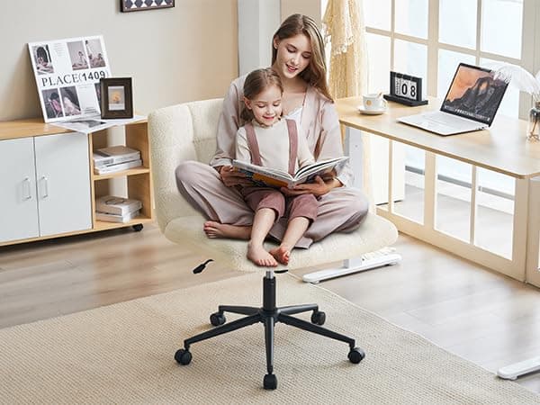 Furnimart Swivel Criss Cross Legged Chair with Wheels for Home Office, Wide Armless Desk Chair Height Adjustable Comfy Seat for Desk,Vanity, Bedroom, Faux Fur White thumbnail 4