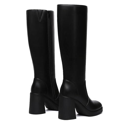 Athlefit Black Knee High Boots for Women Platform Tall Boots Fashion Square Toe Chunky Heeled Booties thumbnail 6