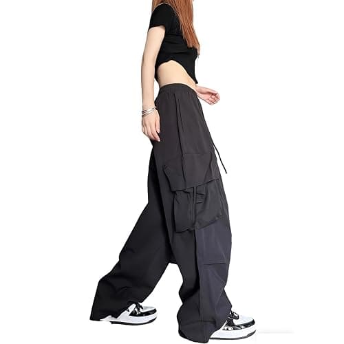 Xinor Baggy Parachute Pants for Womens Wide Leg Cargo Pants Y2k with Pockets Boyfriend Harajuku Streetwear Goth thumbnail 3