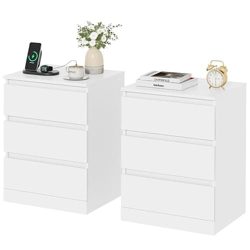 Draelibor Nightstands Set of 2 with Charging Station and Drawer, White | Bedside Tables with 3 Drawers, Modern End Tables for Bedroom, 2 AC Outlets and 2 USB Ports, 15.7" W x 13" D x 21.7" H - Image 1