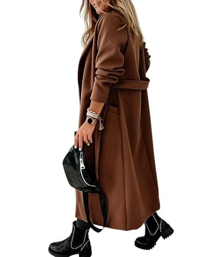 Womens Classic Coat Lapel Collar Open Front Belted Long Jacket thumbnail 5