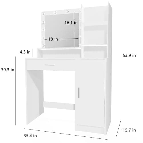 Palimder Vanity Desk with Mirror and Light, Large Drawer and Three Level Storage Dresser, 3 Lighting Modes Adjustable Brightness, Bedroom Dressing Table (White) thumbnail 2