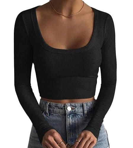Artfish Women's Square Neck Long Sleeve Ribbed Slim Fitted Casual Basic Crop Top - Image 1