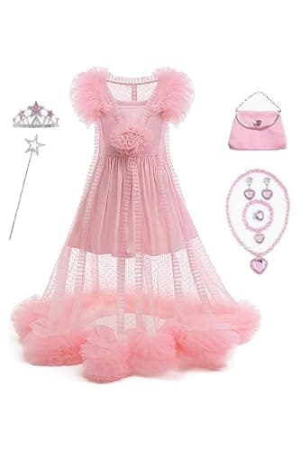 Yulefly Glinda Costume Girls Pink Dress Set Glinda Wand Crown Dress Up Party Halloween Costumes - Image 1