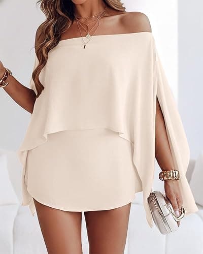 CHICME Women's 3 Piece Summer Outfits Off Shoulder Batwing Sleeve Tops with Bandeau and Skorts Sets Casual Vacation Outfit thumbnail 3