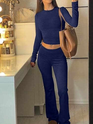 AYWA Women's 2 Piece Outfits Foldover Flare Pants Long Sleeve Crew Neck T-shirt Fitted Pajama Sets thumbnail 2