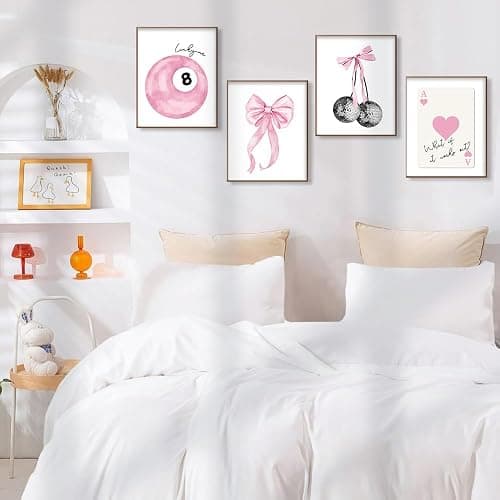 BONETAT 4Pcs Trendy Preppy Posters Pink Bow Wall Art Room Decor Prints 8X10 inches Unframed, Blush Pink Coquette Room Aesthetic Disco 8 Ball wall decor for teen girls Dorm College Apartment Bedroom -Aa02 thumbnail 7