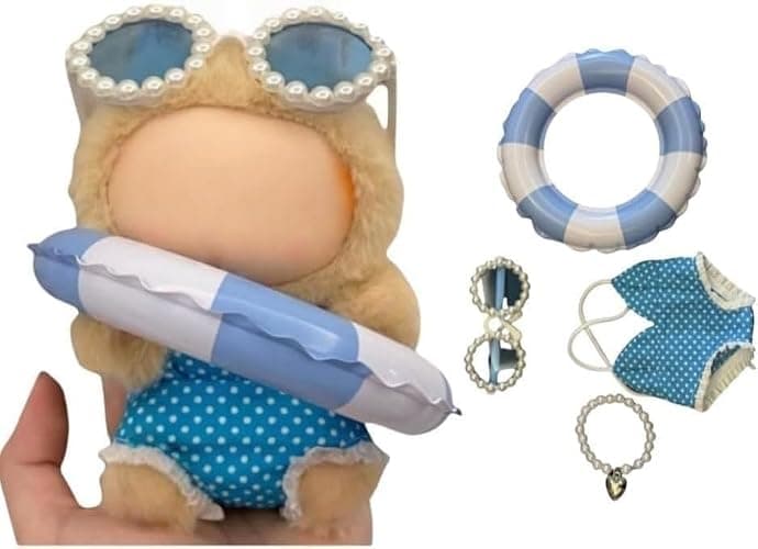 Stylish Summer Beach Clothes Set Suitable for Labubu 17cm/15cm – Fashion Outfit(Doll Not Included) (Blue Swimsuit+Swim Ring+Necklace+Glasses) - Image 1