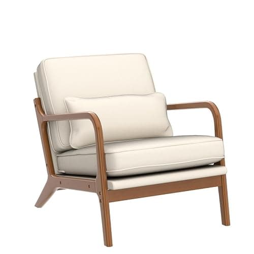Karl home Accent Chair Mid-Century Modern Chair with Pillow Linen Fabric Upholstered Lounge Arm Chair with Solid Wood Frame & Soft Cushion for Living Room, Bedroom, Balcony, Beige thumbnail 5