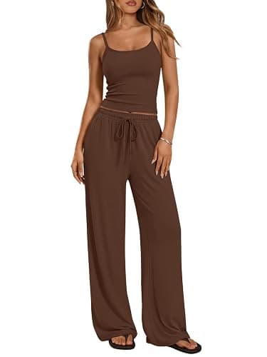Trendy Queen Women's 2 Piece Lounge Set Spring Outfits - Camisole Top & Wide Leg Pants - Image 1