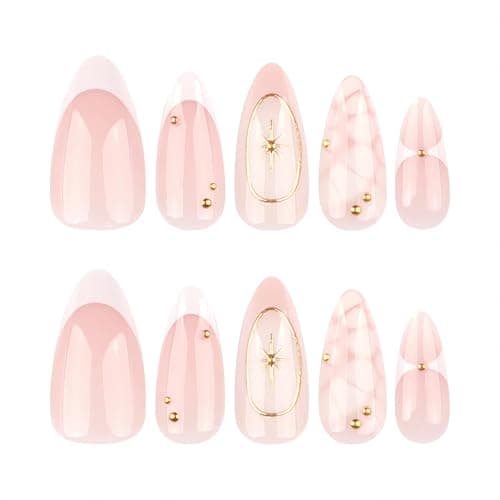 Mivota French Press On Nails Almond Medium, Fall Fake Nails Adorned with White Petal Accents and 3D Gold Lines Design, Glossy Gel Finish Acrylic Nails, Reusable Glue On Nails for Women, 24Pcs thumbnail 2