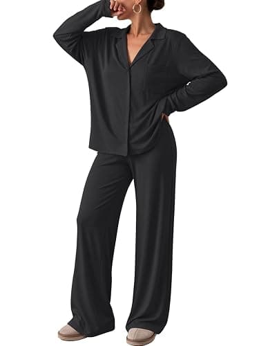 Trendy Queen Women Pajamas Set Sleepwear Fall 2 Piece Soft Lounge Pjs | Button Down Pajamas,Long Sleeve Top and Wide Leg Pants,Soft Loungewear,Button Up,Fall Fashion Clothes 2026 - Image 1