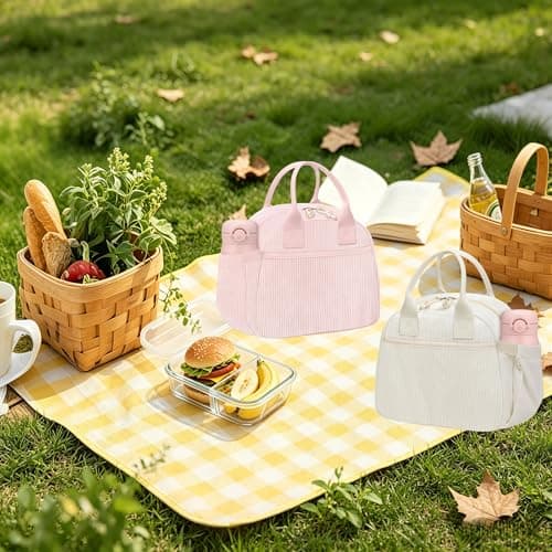 CetyVoyie Insulated Lunch Bag for Women, Reusable Lunch Box Cute Corduroy Lunch Tote Large Capacity Cooler Bags for Work Picnic(PP Pink) thumbnail 8