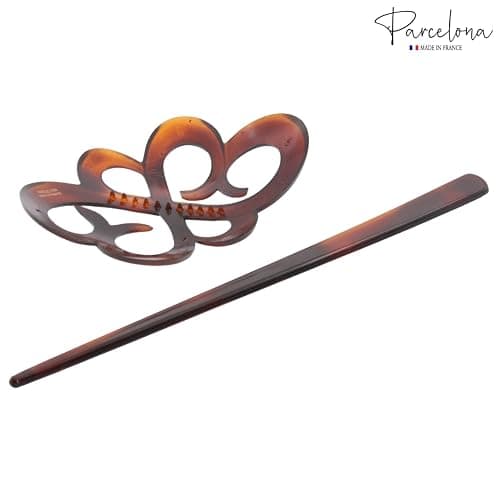 Parcelona French Wide Flower Tortoise Shell Brown Bun or Ponytail Bun Holder Hair Slider Pin Thru Clip with Stick thumbnail 5