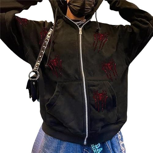 CEINOM Rhinestones Red Spider Y2k Hoodie Men Women Full Zip Up Hoodie Oversized Jacket Black Gothic Punk Sweatshirts thumbnail 3