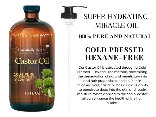 Essentially KateS Castor Oil 16 Fl Oz (Glass Bottle) - Original - A Huge Glass Bottle with a Pump - 100% Pure and Natural, Cold Pressed, and Hexane-Free - Hair and Body thumbnail 7