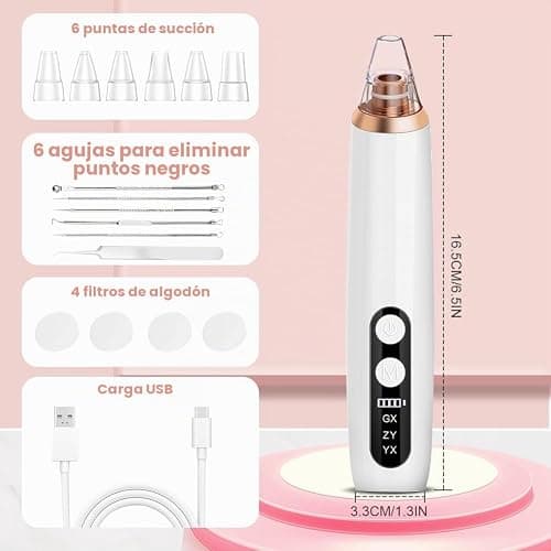 BUTBU Succionador de Puntos Negros, Limpiador de Poros Electrico Con 6 Cabezales y 3 Modos, 16 Piezas Limpiador de Poros Kit, para Eliminars Puntos Negros,Comedones y El Acné Graso thumbnail 2