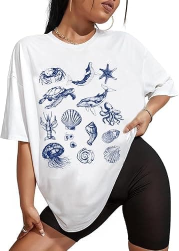 Oversized Graphic Tees for Women Y2k Short Sleeve Ocean/Shark Baggy Shirt Cute Crewneck Aesthetic Preppy Clothes - White Ocean - Small thumbnail 5