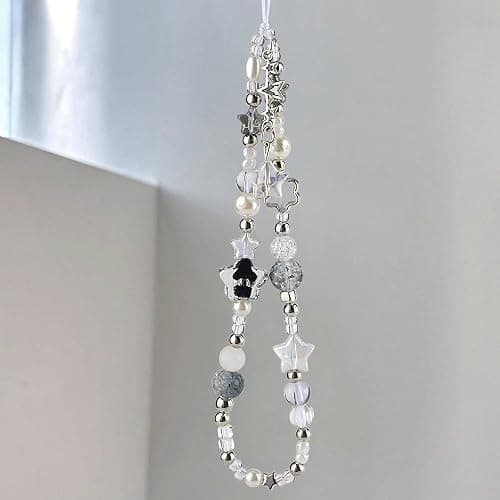 Silver Star Phone Chain Pearl Beaded Phones Charm Cute Cellphone Lanyard Wrist Strap for Key Cellphone Wristlet Phone Case Charms Beaded Keychain Wristlet Bag Charm for Handbag Keychain Accessories thumbnail 6