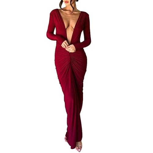 Geagodelia Robe Femme Maxi-Longue Sexy Moulante à Manches Longues, Robe de Soirée Col Deep V ou Dos Nu avec Deux Moyens à Porter thumbnail 3