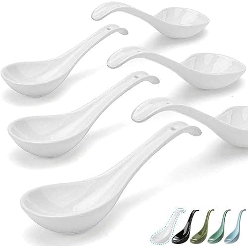 Artena Bright White 6.75 inch Asian Soup Spoons Set of 6, Ultra-fine Porcelain Tablespoon, Chinese/Japanese Kitchen Soup Spoons for Cereal, Ramen Pho - Deep Oval Hook Design - White - Image 1
