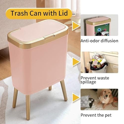 Procade Bathroom Trash Can with Lid, 4 Gallon Pink Garbage Can, Tall Plastic Trash Bin with Push Button, Slim Gold Trash Can Waste Basket for Room, Bedroom,Office,Kitchen thumbnail 3