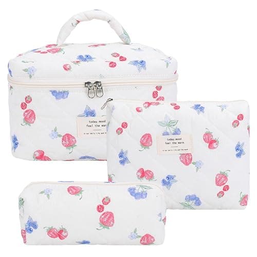 Quilted Makeup Bag Set 3 Pcs Cute Strawberry Makeup Bags For Women Large Aesthetic Floral Cosmetic Bag Coquette Cotton Makeup Pouch - Image 1
