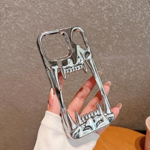 Pretaco Gothic 3D Hollow Horror Devil Pattern Case for iPhone 16, [Luxury Chrome Color Plating] [Heat Dissipantion Thermal Design] Shockproof Bumper for Halloween- Silver thumbnail 5