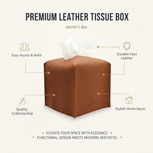 Tissue Box Cover Holder, Square with Bottom Belt by Carrot's Den - PU Leather Decorative Organizer for Tabletop, Bathroom, Car, Office | Camel thumbnail 4