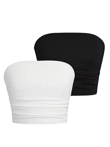 OYOANGLE Girl's Tube Top 2 Pack Strapless Crop Tops Ruched Basic Bandeau Tops - Image 1