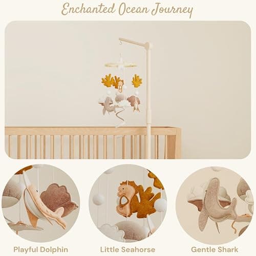 Baby Mobile for Crib – Handmade Ocean Baby Crib Mobile with Seahorse, Shell & Stingray, Nursery Mobiles with Beech Wood Ring, Mobile for Crib Hanging Toy, Neutral Felt Mobile for Bassinet Decor thumbnail 3