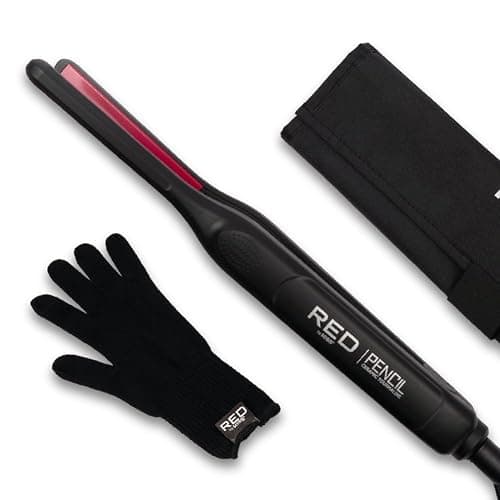 Red by Kiss Pencil Flat Iron up to 450°F Thin Small Tourmaline Ceramic Plate 0.3 inch (3/10") for Women and Men, Short to Medium Hair, Pixie Cut, Bangs, Edges.. A Travel Pouch and a Glove Included - Image 1